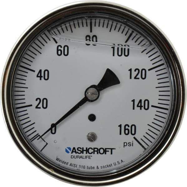 Ashcroft - 3-1/2" Dial, 1/4 Thread, 0-160 Scale Range, Pressure Gauge - Center Back Connection Mount, Accurate to 1% of Scale - Eagle Tool & Supply