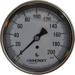 Ashcroft - 3-1/2" Dial, 1/4 Thread, 0-200 Scale Range, Pressure Gauge - Center Back Connection Mount, Accurate to 1% of Scale - Eagle Tool & Supply
