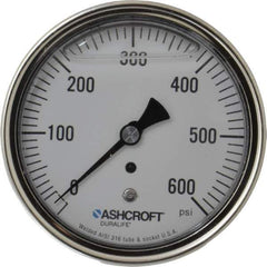 Ashcroft - 3-1/2" Dial, 1/4 Thread, 0-600 Scale Range, Pressure Gauge - Center Back Connection Mount, Accurate to 1% of Scale - Eagle Tool & Supply