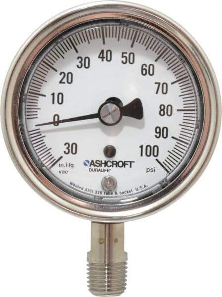 Ashcroft - 2-1/2" Dial, 1/4 Thread, 30-0-100 Scale Range, Pressure Gauge - Lower Connection Mount, Accurate to 1% of Scale - Eagle Tool & Supply