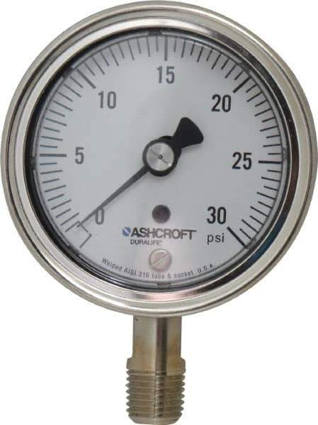 Ashcroft - 2-1/2" Dial, 1/4 Thread, 0-30 Scale Range, Pressure Gauge - Lower Connection Mount, Accurate to 1% of Scale - Eagle Tool & Supply