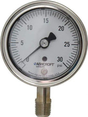 Ashcroft - 2-1/2" Dial, 1/4 Thread, 0-30 Scale Range, Pressure Gauge - Lower Connection Mount, Accurate to 1% of Scale - Eagle Tool & Supply