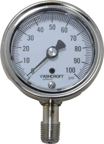 Ashcroft - 2-1/2" Dial, 1/4 Thread, 0-100 Scale Range, Pressure Gauge - Lower Connection Mount, Accurate to 1% of Scale - Eagle Tool & Supply