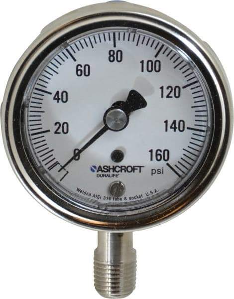 Ashcroft - 2-1/2" Dial, 1/4 Thread, 0-160 Scale Range, Pressure Gauge - Lower Connection Mount, Accurate to 1% of Scale - Eagle Tool & Supply