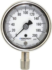 Ashcroft - 2-1/2" Dial, 1/4 Thread, 0-200 Scale Range, Pressure Gauge - Lower Connection Mount, Accurate to 1% of Scale - Eagle Tool & Supply