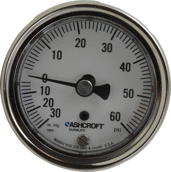 Ashcroft - 2-1/2" Dial, 1/4 Thread, 30-0-60 Scale Range, Pressure Gauge - Center Back Connection Mount, Accurate to 1% of Scale - Eagle Tool & Supply