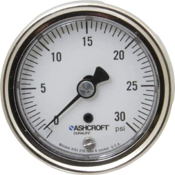 Ashcroft - 2-1/2" Dial, 1/4 Thread, 0-30 Scale Range, Pressure Gauge - Center Back Connection Mount, Accurate to 1% of Scale - Eagle Tool & Supply
