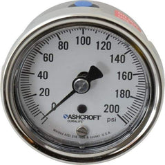 Ashcroft - 2-1/2" Dial, 1/4 Thread, 0-200 Scale Range, Pressure Gauge - Lower Back Connection Mount, Accurate to 1% of Scale - Eagle Tool & Supply