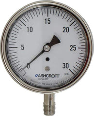 Ashcroft - 3-1/2" Dial, 1/4 Thread, 0-30 Scale Range, Pressure Gauge - Lower Connection Mount, Accurate to 1% of Scale - Eagle Tool & Supply