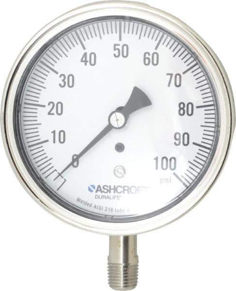 Ashcroft - 3-1/2" Dial, 1/4 Thread, 0-100 Scale Range, Pressure Gauge - Lower Connection Mount, Accurate to 1% of Scale - Eagle Tool & Supply