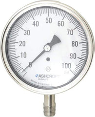 Ashcroft - 3-1/2" Dial, 1/4 Thread, 0-100 Scale Range, Pressure Gauge - Lower Connection Mount, Accurate to 1% of Scale - Eagle Tool & Supply