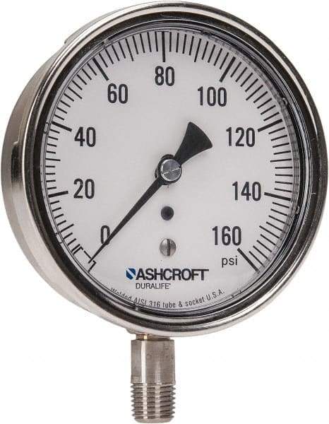 Ashcroft - 3-1/2" Dial, 1/4 Thread, 0-160 Scale Range, Pressure Gauge - Lower Connection Mount, Accurate to 1% of Scale - Eagle Tool & Supply