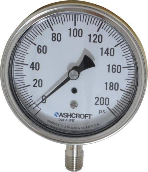 Ashcroft - 3-1/2" Dial, 1/4 Thread, 0-200 Scale Range, Pressure Gauge - Lower Connection Mount, Accurate to 1% of Scale - Eagle Tool & Supply