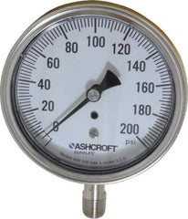 Ashcroft - 3-1/2" Dial, 1/4 Thread, 0-200 Scale Range, Pressure Gauge - Lower Connection Mount, Accurate to 1% of Scale - Eagle Tool & Supply