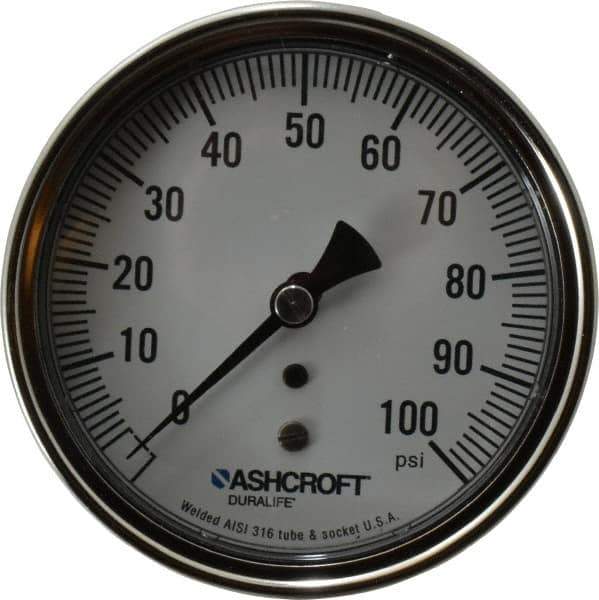 Ashcroft - 3-1/2" Dial, 1/4 Thread, 0-100 Scale Range, Pressure Gauge - Center Back Connection Mount, Accurate to 1% of Scale - Eagle Tool & Supply