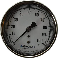 Ashcroft - 3-1/2" Dial, 1/4 Thread, 0-100 Scale Range, Pressure Gauge - Center Back Connection Mount, Accurate to 1% of Scale - Eagle Tool & Supply