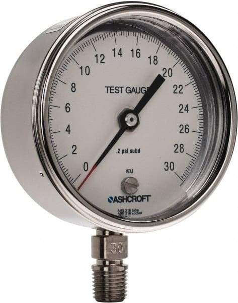 Ashcroft - 3" Dial, 1/4 Thread, 0-30 Scale Range, Pressure Gauge - Lower Connection Mount, Accurate to 0.5% of Scale - Eagle Tool & Supply