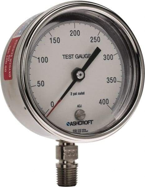 Ashcroft - 3" Dial, 1/4 Thread, 0-400 Scale Range, Pressure Gauge - Lower Connection Mount, Accurate to 0.5% of Scale - Eagle Tool & Supply