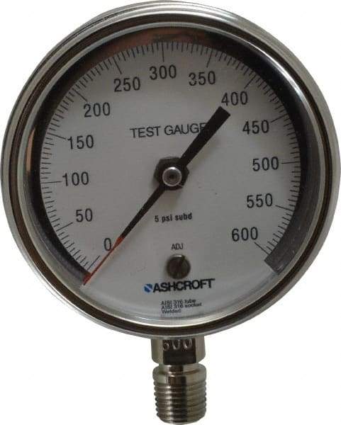 Ashcroft - 3" Dial, 1/4 Thread, 0-600 Scale Range, Pressure Gauge - Lower Connection Mount, Accurate to 0.5% of Scale - Eagle Tool & Supply