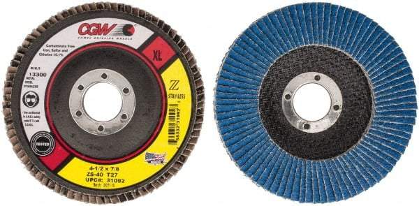 Camel Grinding Wheels - 40 Grit, 4-1/2" Disc Diam, 7/8" Center Hole, Type 27 Zirconia Alumina Flap Disc - 13,300 Max RPM, Polyester Backing, Arbor Attaching System, Coated - Eagle Tool & Supply