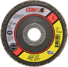 Camel Grinding Wheels - 60 Grit, 4-1/2" Disc Diam, 7/8" Center Hole, Type 27 Zirconia Alumina Flap Disc - 13,300 Max RPM, Polyester Backing, Arbor Attaching System, Coated - Eagle Tool & Supply