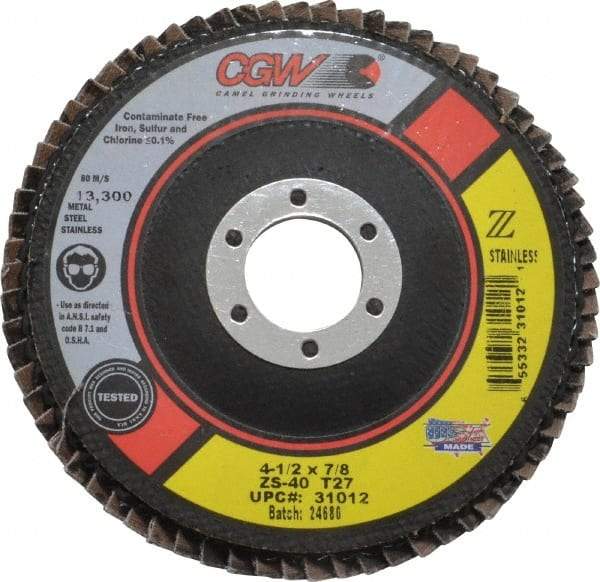 Camel Grinding Wheels - 40 Grit, 4-1/2" Disc Diam, 7/8" Center Hole, Type 27 Zirconia Alumina Flap Disc - 13,300 Max RPM, Polyester Backing, Arbor Attaching System, Coated - Eagle Tool & Supply