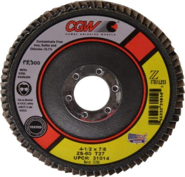 Camel Grinding Wheels - 60 Grit, 4-1/2" Disc Diam, 7/8" Center Hole, Type 27 Zirconia Alumina Flap Disc - 13,300 Max RPM, Polyester Backing, Arbor Attaching System, Coated - Eagle Tool & Supply