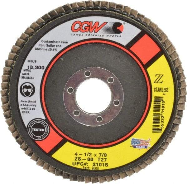 Camel Grinding Wheels - 80 Grit, 4-1/2" Disc Diam, 7/8" Center Hole, Type 27 Zirconia Alumina Flap Disc - 13,300 Max RPM, Polyester Backing, Arbor Attaching System, Coated - Eagle Tool & Supply