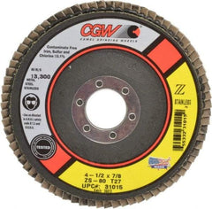 Camel Grinding Wheels - 80 Grit, 4-1/2" Disc Diam, 7/8" Center Hole, Type 27 Zirconia Alumina Flap Disc - 13,300 Max RPM, Polyester Backing, Arbor Attaching System, Coated - Eagle Tool & Supply