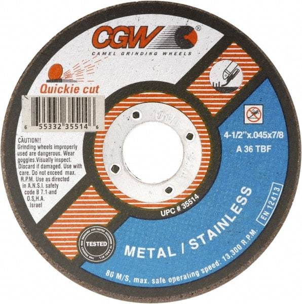 Camel Grinding Wheels - 7" 36 Grit Aluminum Oxide Cutoff Wheel - 1/16" Thick, 7/8" Arbor, 8,500 Max RPM - Eagle Tool & Supply