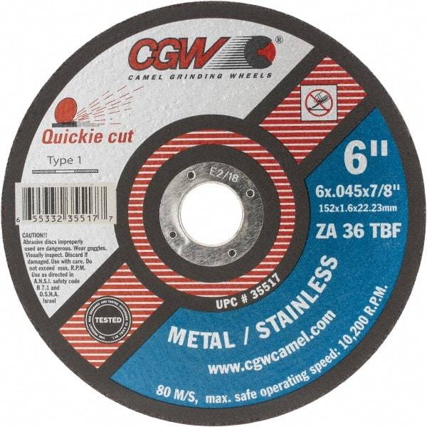 Camel Grinding Wheels - 6" 36 Grit Aluminum Oxide Cutoff Wheel - 0.045" Thick, 7/8" Arbor, 10,200 Max RPM, Use with Angle Grinders - Eagle Tool & Supply