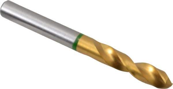 Accupro - 19/64" 130° Spiral Flute Cobalt Screw Machine Drill Bit - TiN Finish, Right Hand Cut, 37mm Flute Length, 79mm OAL, Split Point, Straight Shank - Eagle Tool & Supply