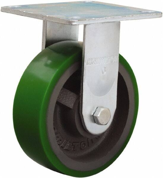 Hamilton - 6" Diam x 2" Wide x 7-1/2" OAH Top Plate Mount Rigid Caster - Polyurethane Mold onto Cast Iron Center, 900 Lb Capacity, Sealed Precision Ball Bearing, 5 x 5-1/2" Plate - Eagle Tool & Supply