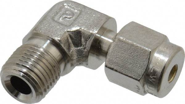 Parker - 1/8" OD, Stainless Steel Male Elbow - -425 to 1,200°F, 7/16" Hex, Comp x MNPT Ends - Eagle Tool & Supply