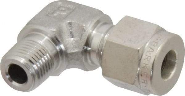Parker - 1/4" OD, Stainless Steel Male Elbow - -425 to 1,200°F, 1/2" Hex, Comp x MNPT Ends - Eagle Tool & Supply