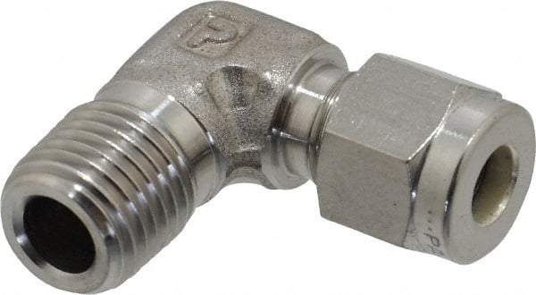Parker - 1/4" OD, Stainless Steel Male Elbow - 0 to 1,200°F, 9/16" Hex, Comp x MNPT Ends - Eagle Tool & Supply