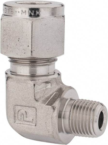 Parker - 3/8" OD, Stainless Steel Male Elbow - -425 to 1,200°F, 5/8" Hex, Comp x MNPT Ends - Eagle Tool & Supply
