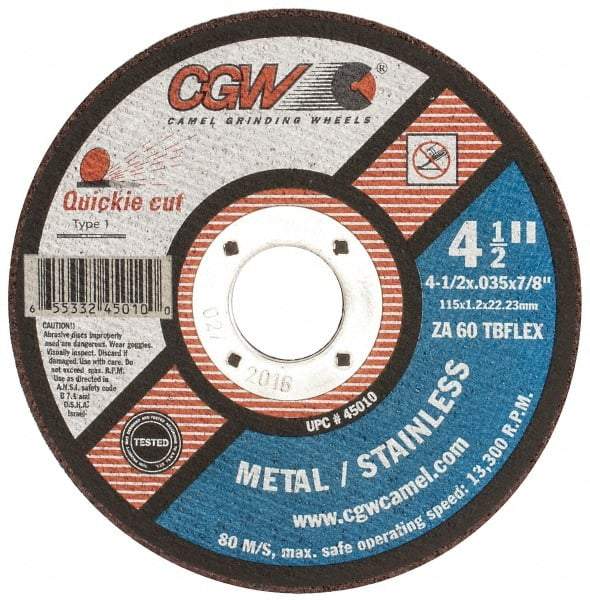 Camel Grinding Wheels - 4-1/2" 60 Grit Aluminum Oxide Cutoff Wheel - 0.035" Thick, 7/8" Arbor, 13,300 Max RPM, Use with Angle Grinders - Eagle Tool & Supply