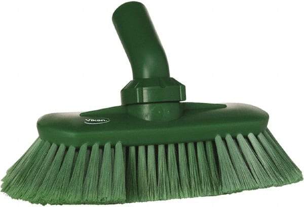 Vikan - 1-1/2" Bristle Length, Polyester Wash Brush - 7-3/4" Long x 3" Wide Head, 8" OAL, European Threaded Handle, Green, Polypropylene Block, Flagged - Eagle Tool & Supply