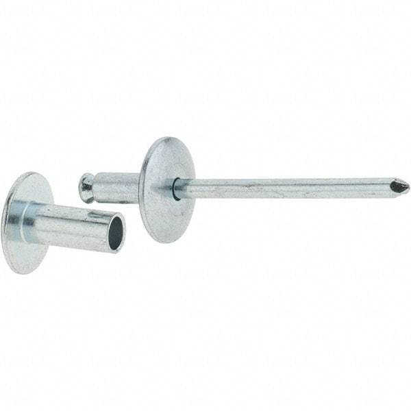 RivetKing - Size 8-12 Dome Head Steel Flush on Both Sides Blind Rivet - Steel Mandrel, 5/8" to 3/4" Grip, 5/8" Head Diam, 0.255" Min Hole Diam, 0.58" Length Under Head, 1/4" Body Diam - Eagle Tool & Supply