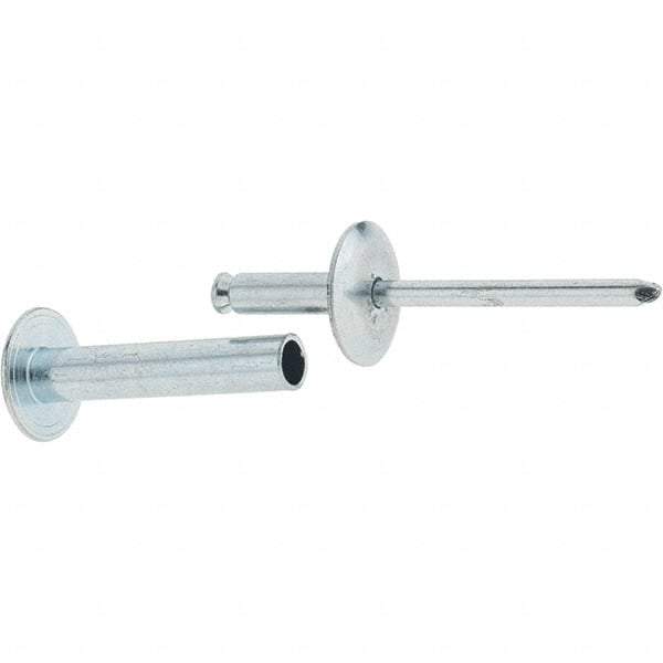 RivetKing - Size 8-26 Dome Head Steel Flush on Both Sides Blind Rivet - Steel Mandrel, 1-3/8" to 1-5/8" Grip, 5/8" Head Diam, 0.255" Min Hole Diam, 1.32" Length Under Head, 1/4" Body Diam - Eagle Tool & Supply