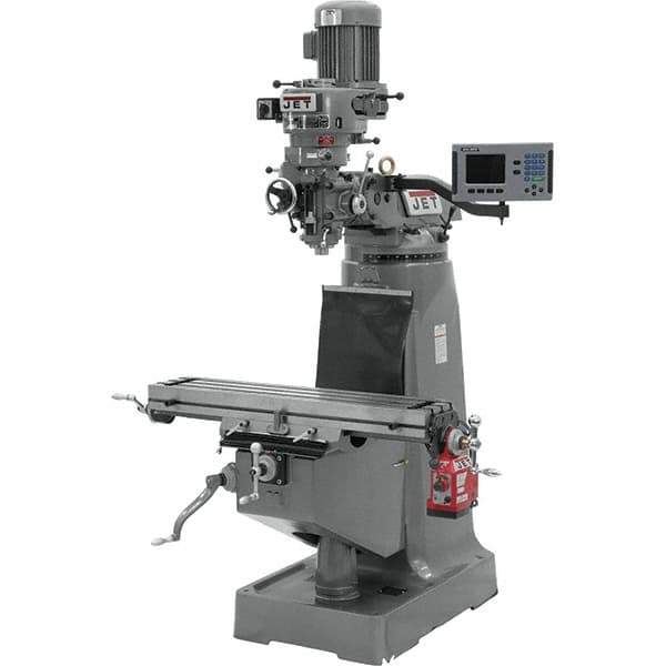 Jet - 9" Table Width x 42" Table Length, Step Pulley Control, 3 Phase Knee Milling Machine - R8 Spindle Taper, 2 hp - Eagle Tool & Supply