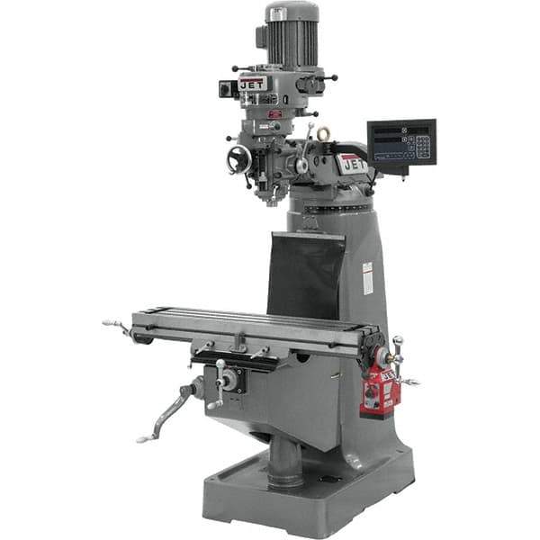 Jet - 9" Table Width x 42" Table Length, Step Pulley Control, 3 Phase Knee Milling Machine - R8 Spindle Taper, 2 hp - Eagle Tool & Supply