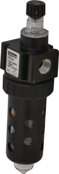 Parker - 3/8" NPT, 150 Max psi Compact Micro Mist Lubricator - Polycarbonate Bowl with Sight Glass, Zinc Body, 40 CFM, 125°F Max Temp, 2" Wide x 7.38" High - Eagle Tool & Supply