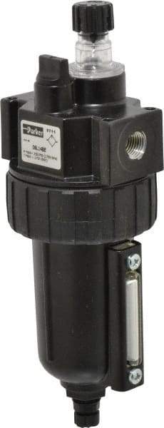 Parker - 1/4" NPT, 250 Max psi Intermediate Mist Lubricator - Metal Bowl with Sight Glass, Zinc Body, 40 CFM, 175°F Max Temp, 2.81" Wide x 7.82" High - Eagle Tool & Supply