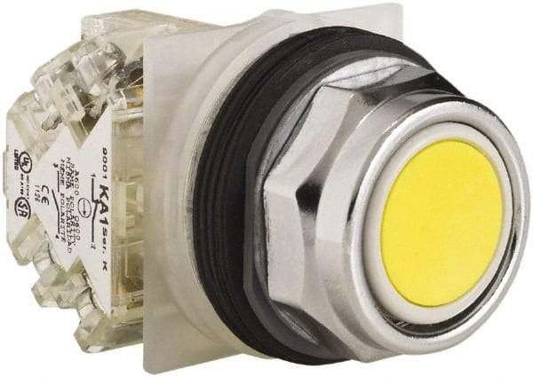 Schneider Electric - 30mm Mount Hole, Extended Straight, Pushbutton Switch with Contact Block - Yellow Pushbutton, Momentary (MO) - Eagle Tool & Supply