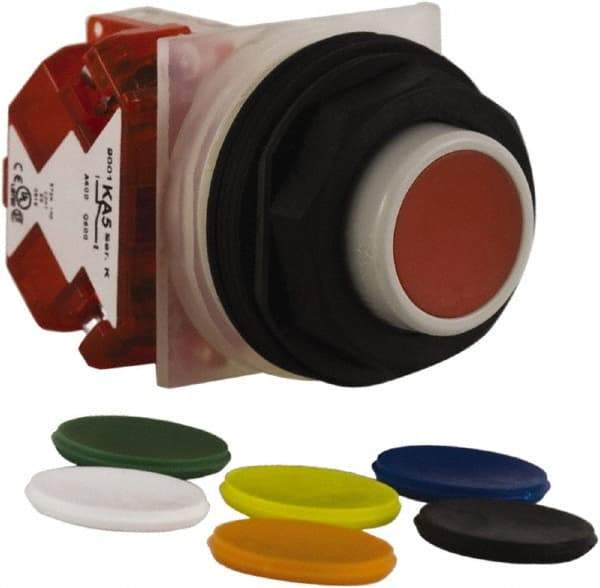 Schneider Electric - 30mm Mount Hole, Extended Straight, Pushbutton Switch with Contact Block - Multicolored Pushbutton, Momentary (MO) - Eagle Tool & Supply