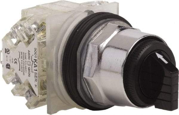 Schneider Electric - 1.18 Inch Mount Hole, 3 Position, Knob and Pushbutton Operated, Selector Switch - Black, Momentary (MO), 2NO/2NC, Weatherproof and Dust and Oil Resistant - Eagle Tool & Supply