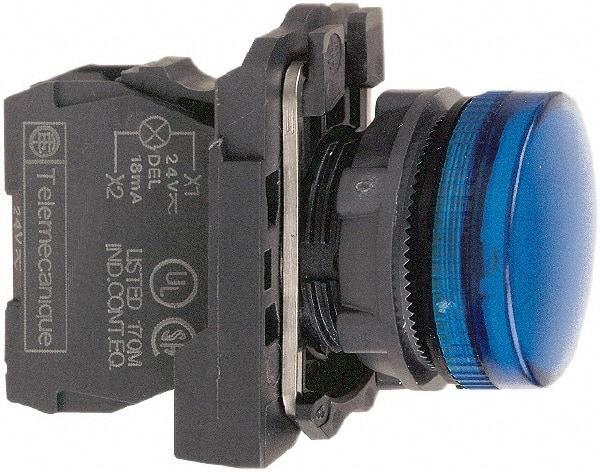 Schneider Electric - 110-120 VAC at 50/60 Hz Blue Lens LED Pilot Light - Round Lens, Screw Clamp Connector, 30mm Wide, Vibration Resistant, Water Resistant - Eagle Tool & Supply