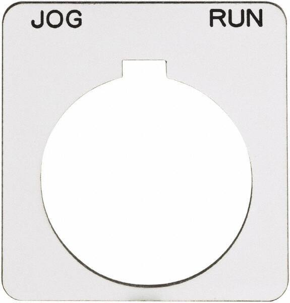 Schneider Electric - Square, Plastic Legend Plate - Jog-Run - White Background, Black Letters, 1.22 Inch Hole Diameter, 1-3/4 Inch Square - Eagle Tool & Supply